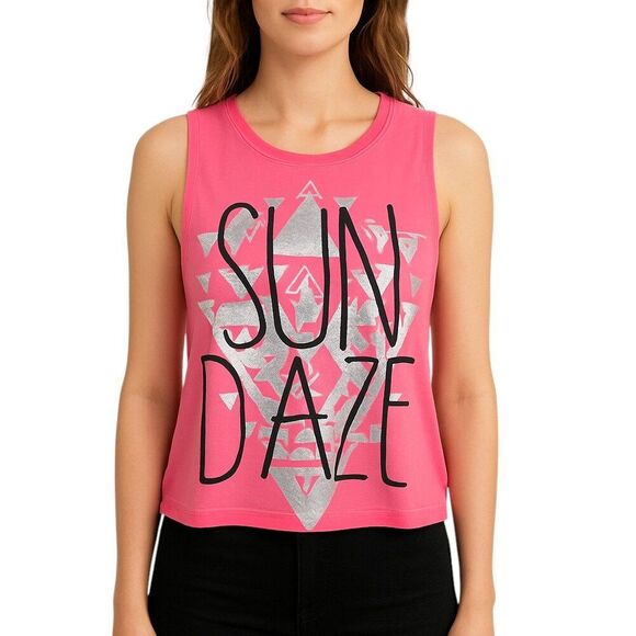 NEW Rebellious One Medium Tee Sun Daze Hot Pink Graphic Shiny Silver Triangle - Picture 1 of 14
